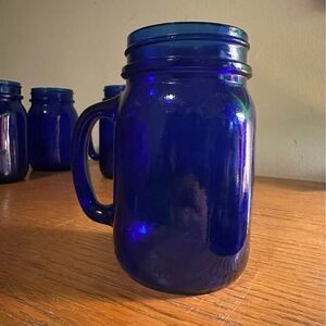 Vintage 1970s Cobalt Blue Heavyweight Glass Mason Jar Mugs